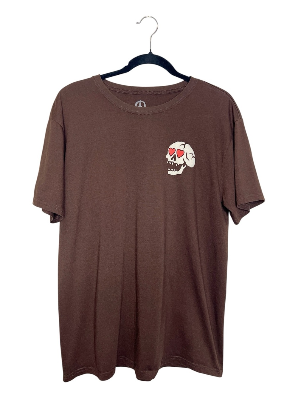 Peace of Mind Skull with Heart Loving Life Brown Unisex Tee size Medium